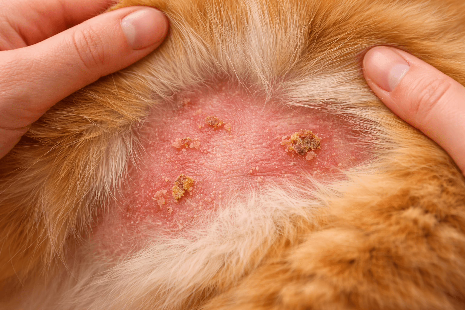 close-up of cat skin showing hair loss and redness