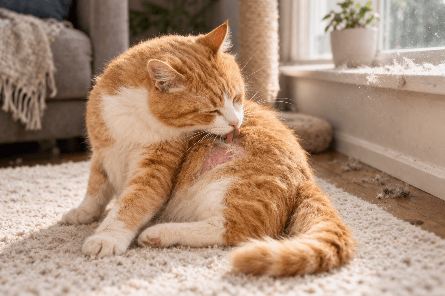 cat licking and scratching side due to skin irritation