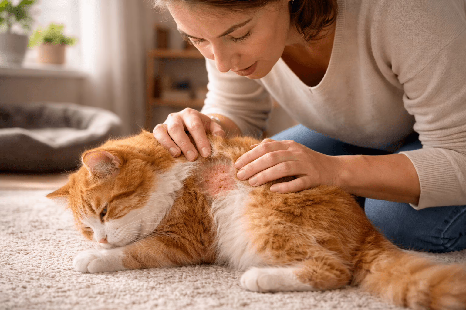 owner checking cat skin and fur for symptoms
