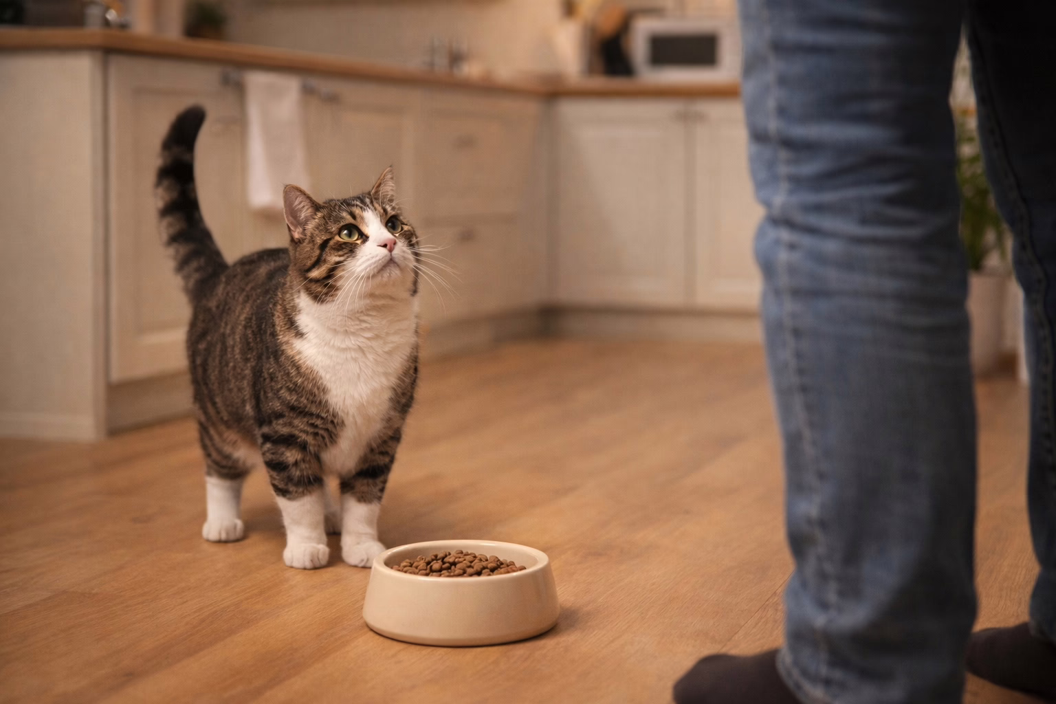 cat asking for food near bowl while looking at owner