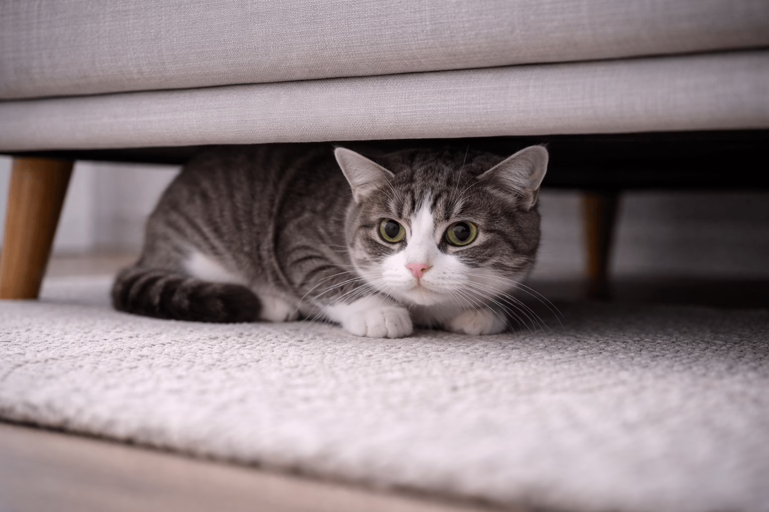 cat hiding under furniture due to anxiety