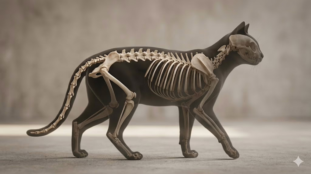cat skeleton structure with highlighted spine and tail