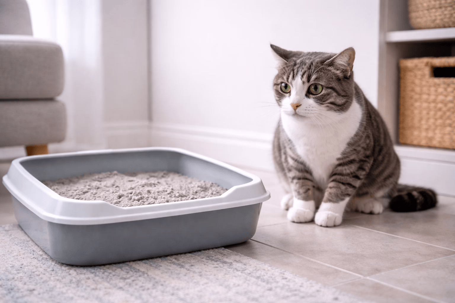 cat showing litter box stress behavior