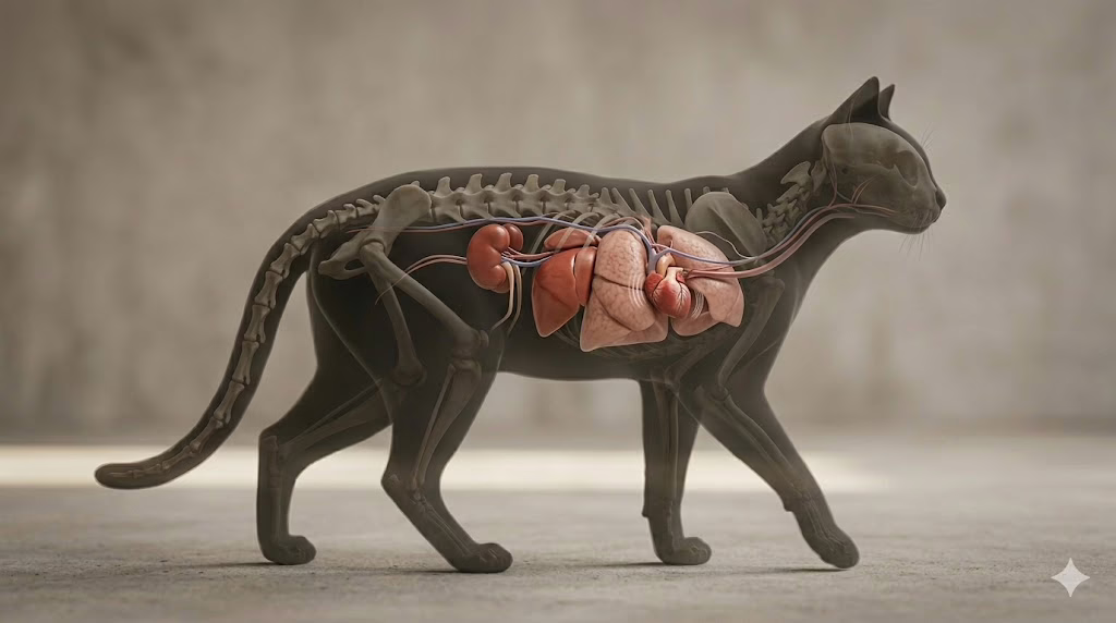 internal organs of a cat shown in anatomical view