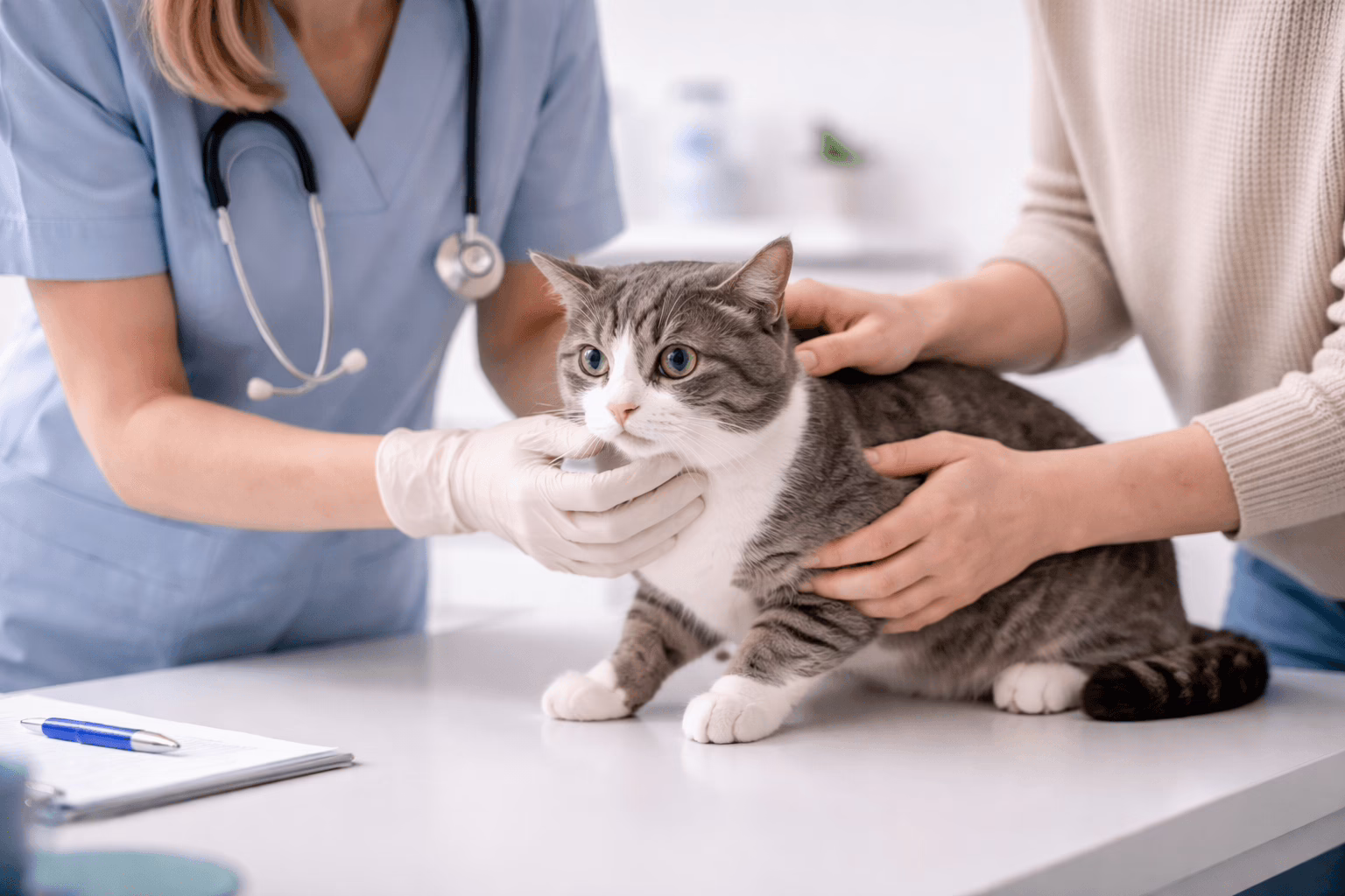 veterinarian examining stressed cat in clinic
