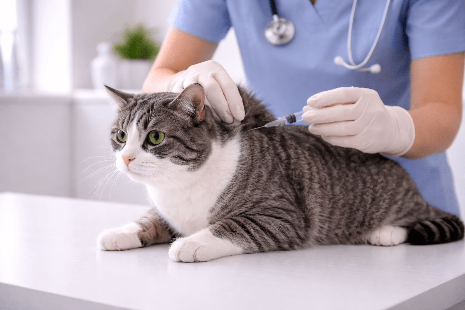 cat receiving vaccine injection at veterinary clinic