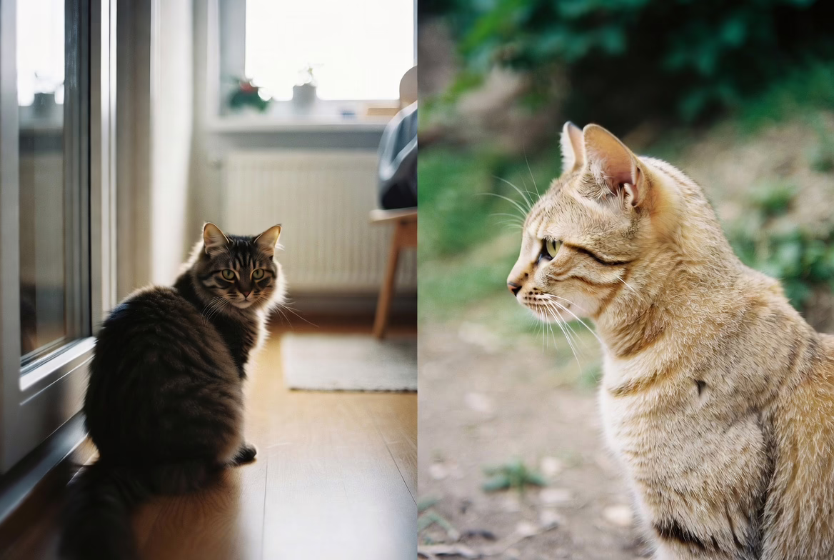 indoor cat near window and outdoor cat outside comparison