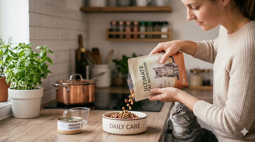 person feeding cat healthy food at home