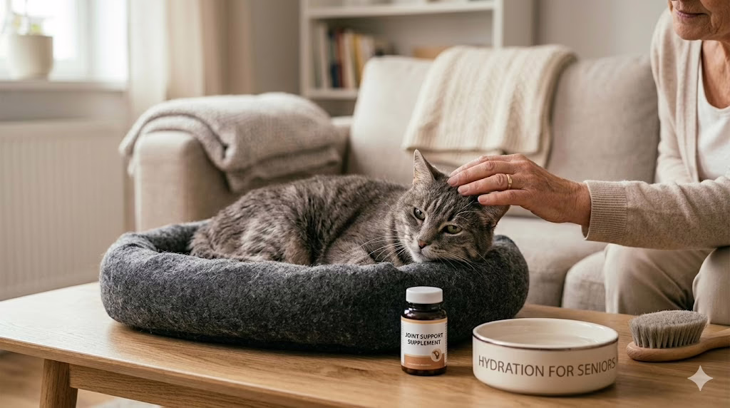 senior cat resting comfortably with owner nearby