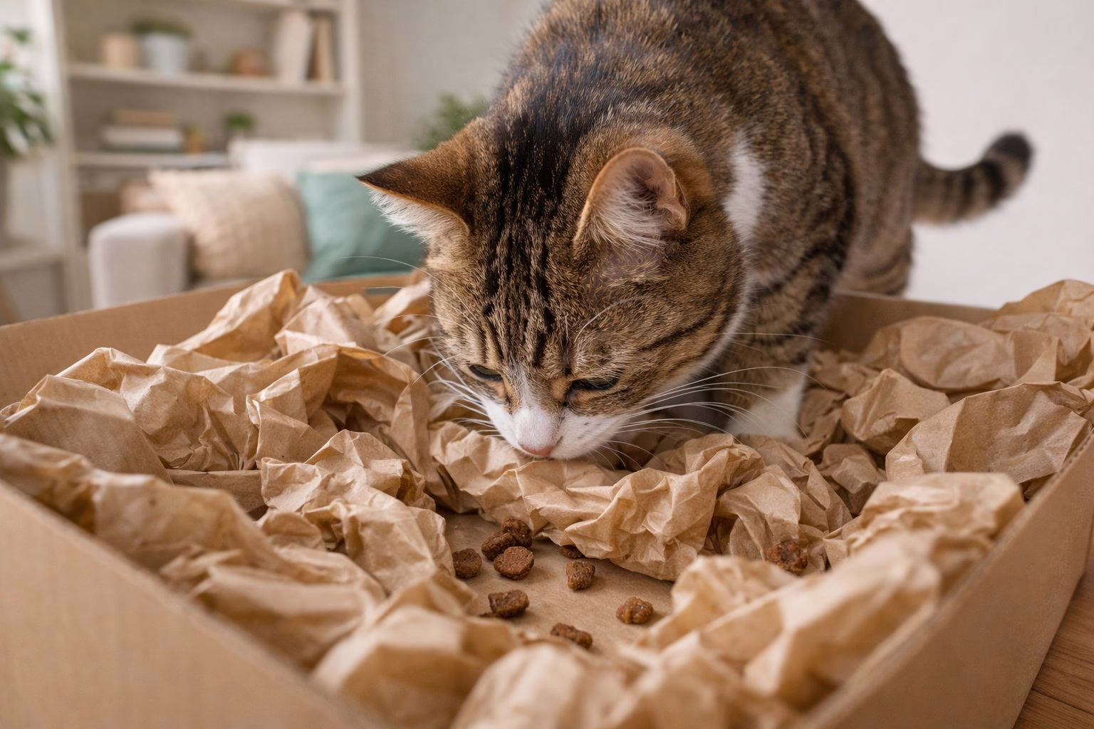cat searching for treats in enrichment box