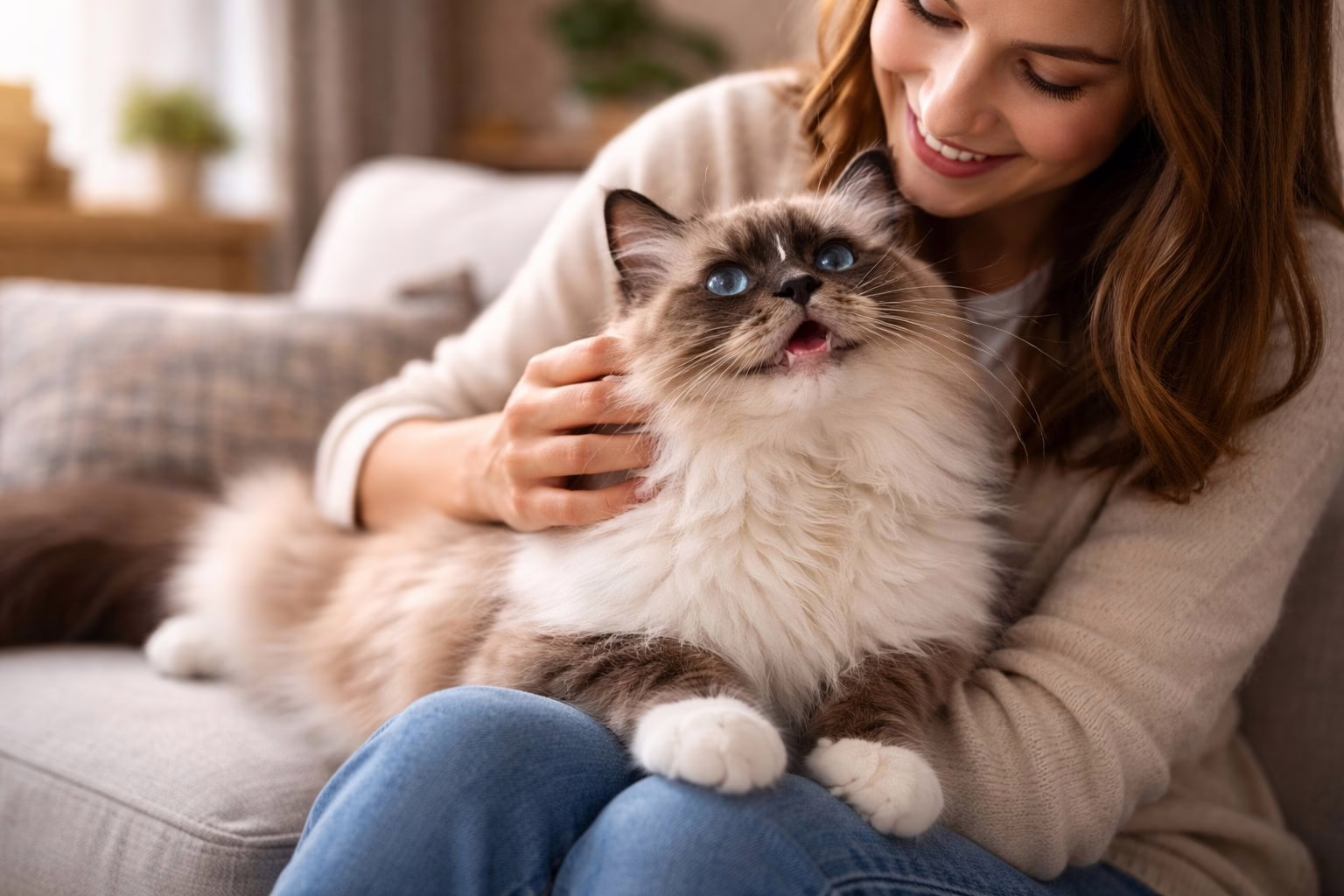 popular cat breed interacting with owner at home