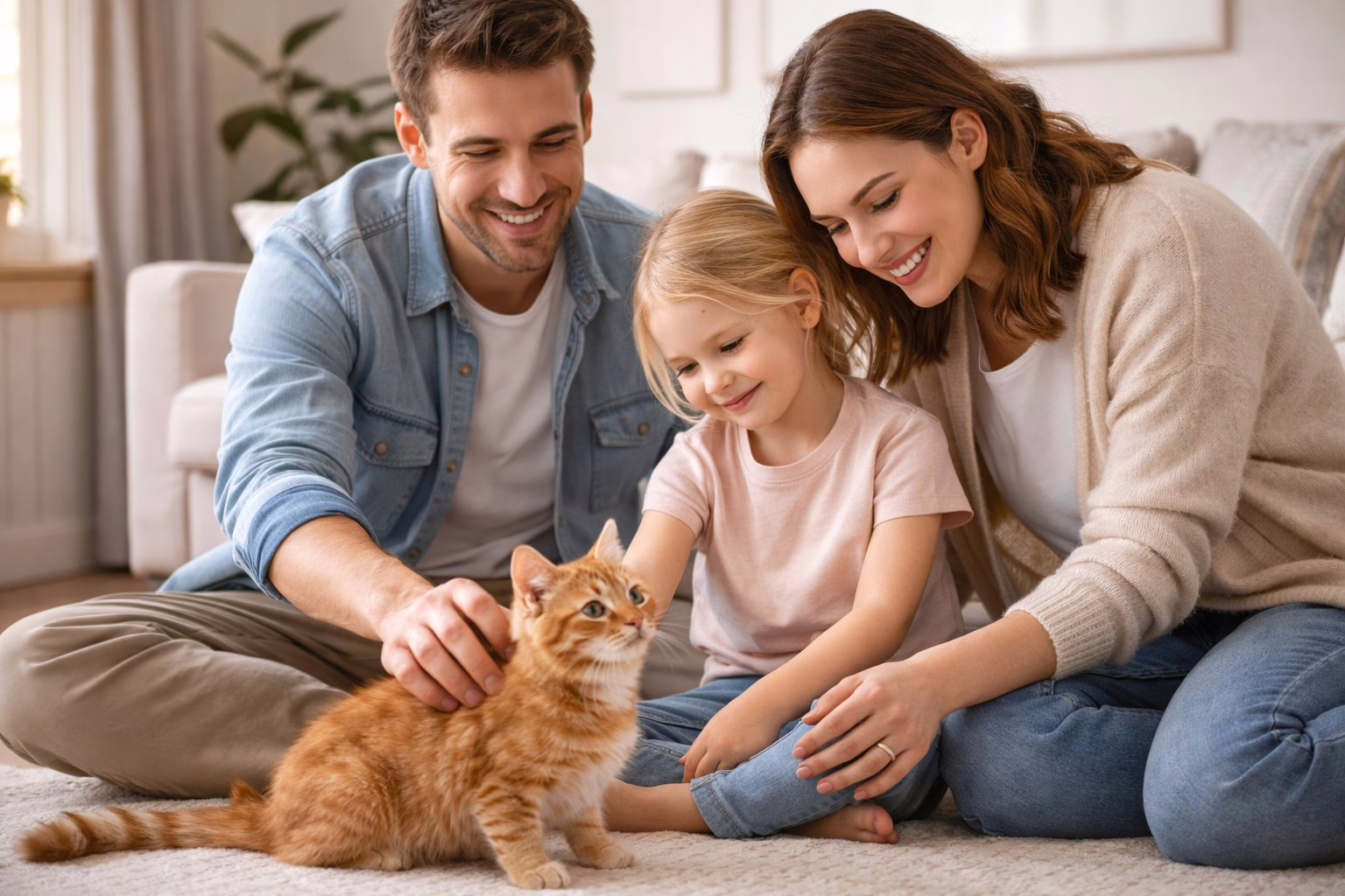 family choosing or playing with a pet cat at home