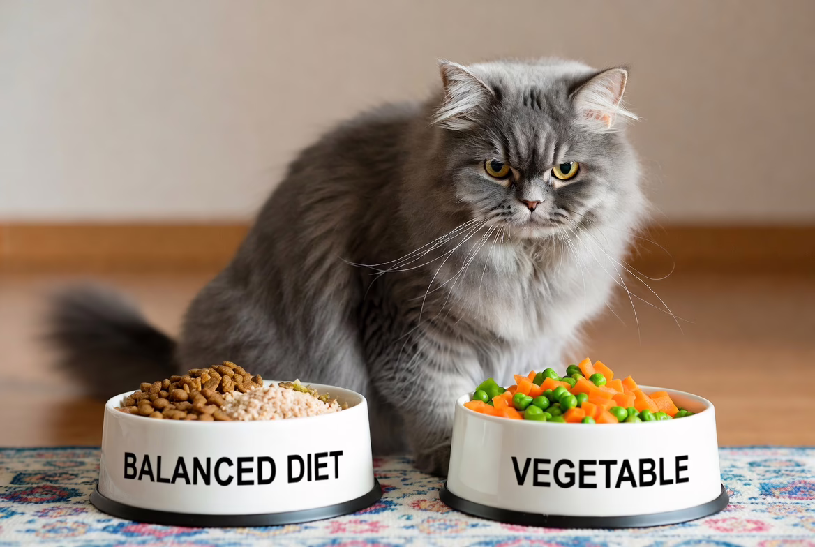 Cat choosing between balanced diet and vegetables