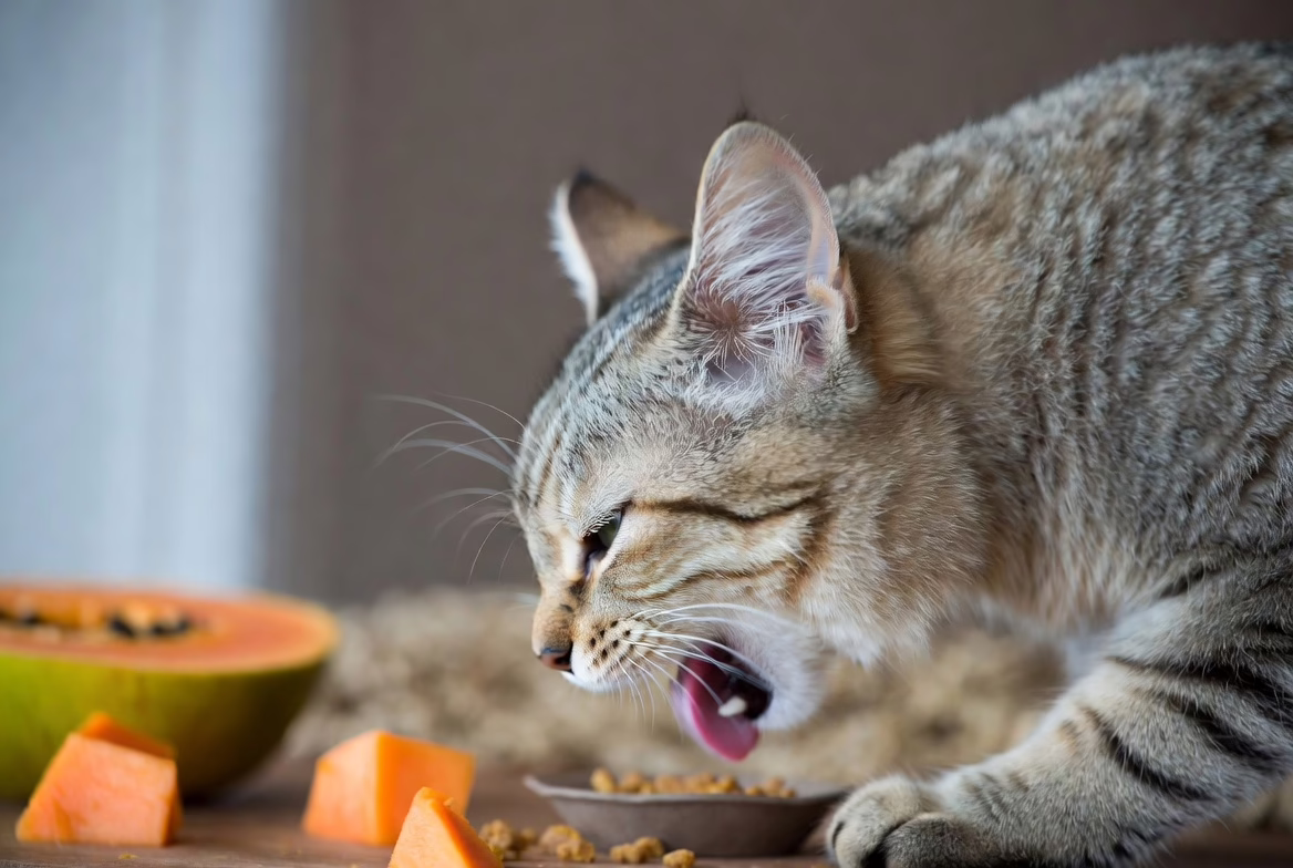 Cat choosing meat over fruit