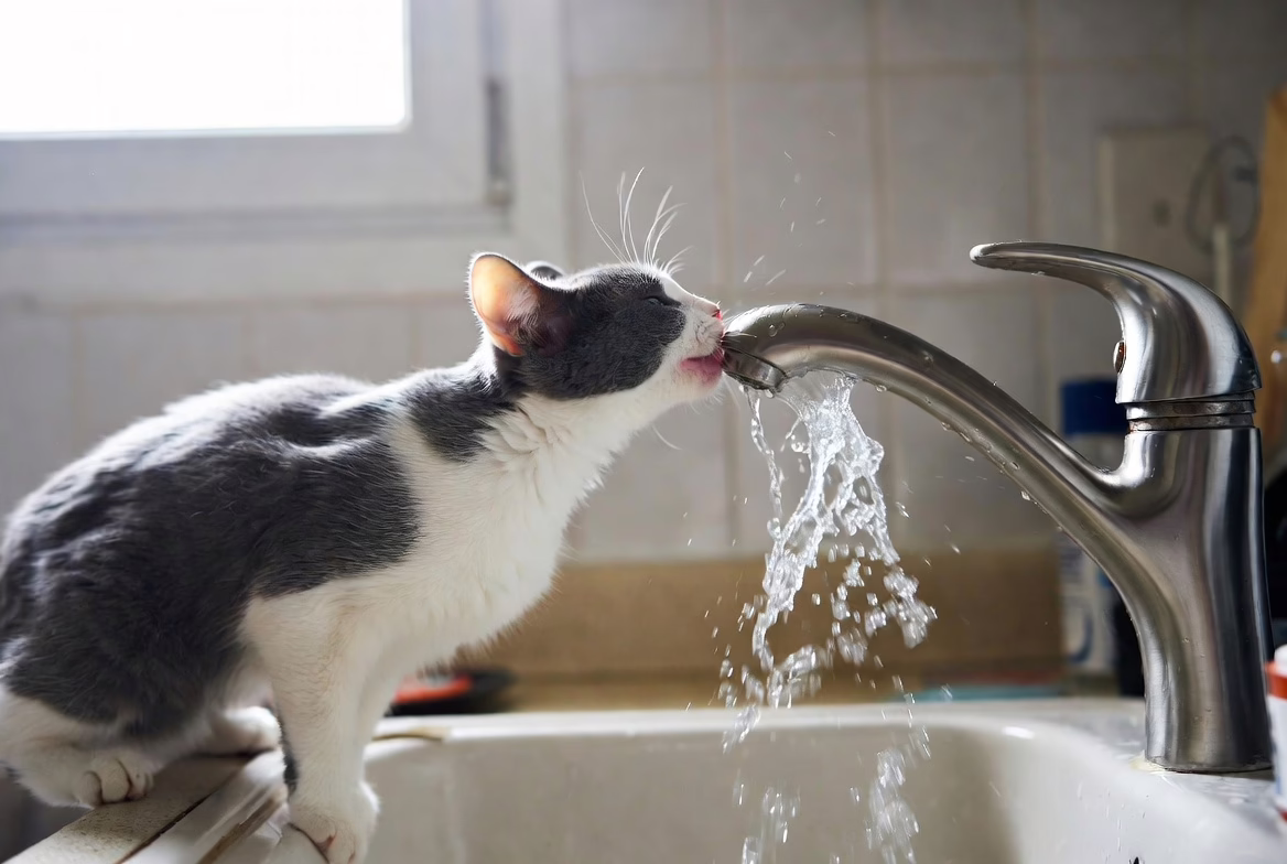 Cat drinking from faucet
