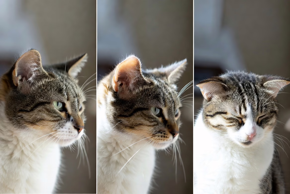Cat ear positions demonstrating relaxed, irritated, and fearful states.