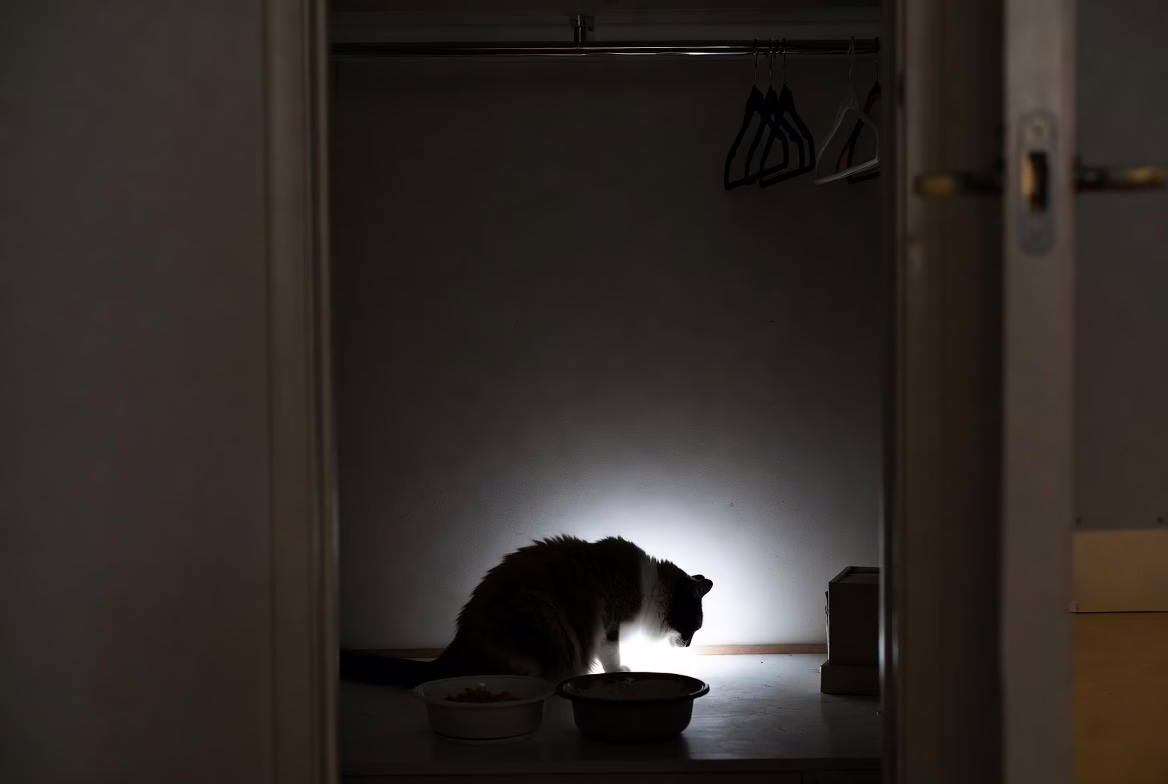 Cat hiding in a closet beside untouched food bowls