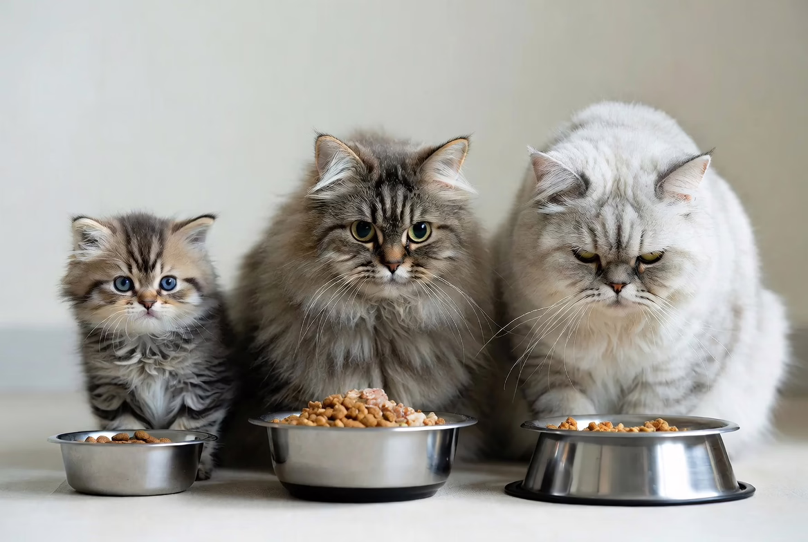Cats of different ages with food bowls