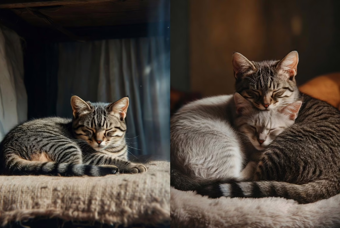 Comparison of a solitary cat and two bonded cats sleeping together.