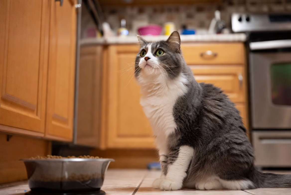 Domestic cat eating from bowl