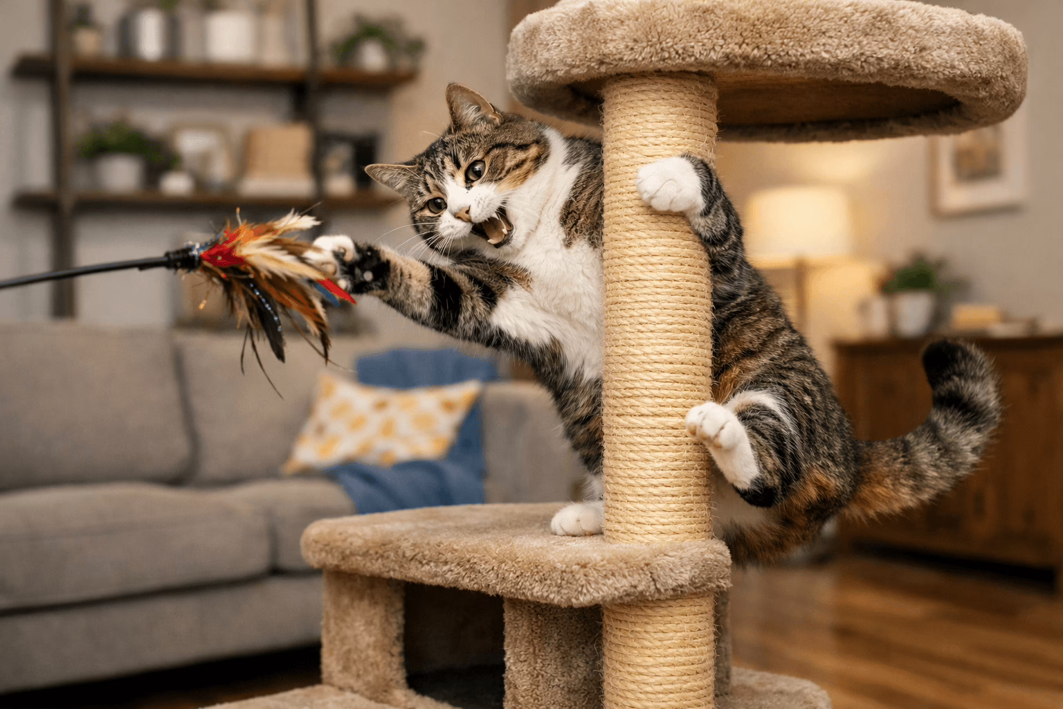 Indoor cat exercising with a toy and cat tree