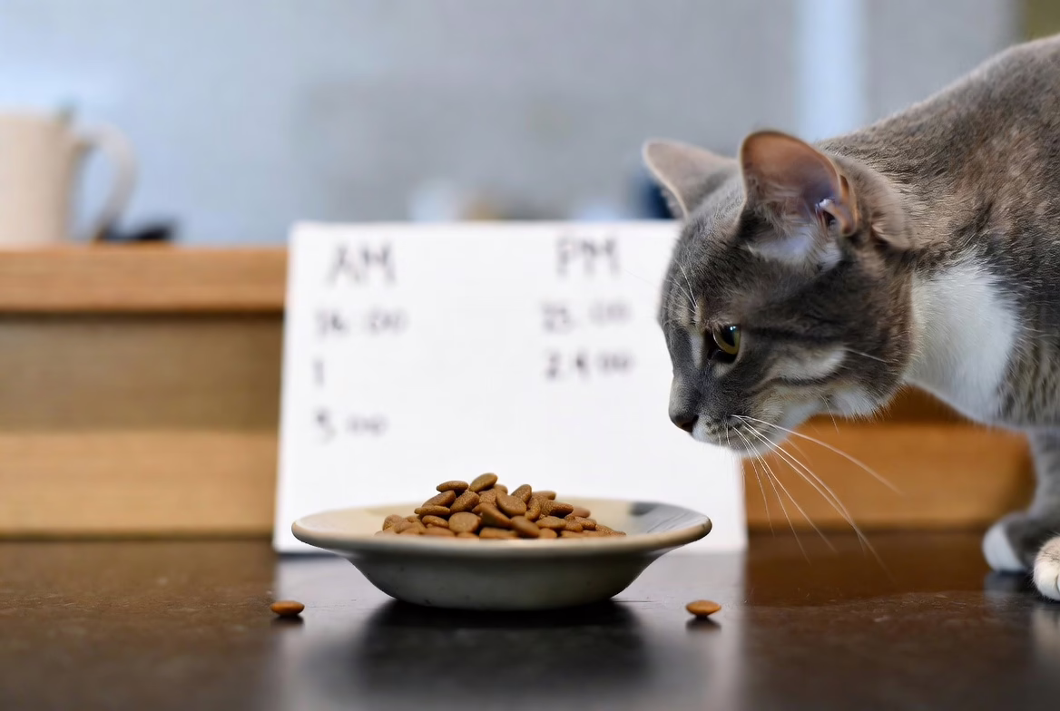 Measured cat food portion with a feeding plan