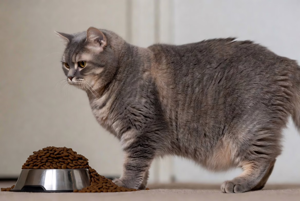 Overweight cat next to an overfilled food bowl