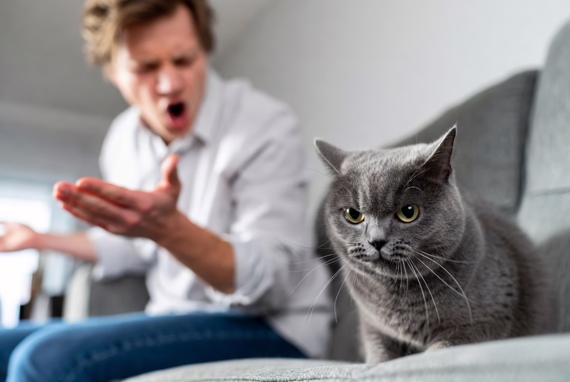 Owner reacting negatively to cat scratching furniture