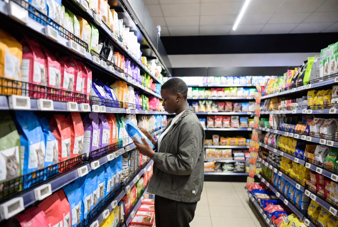 Person choosing cat food in store
