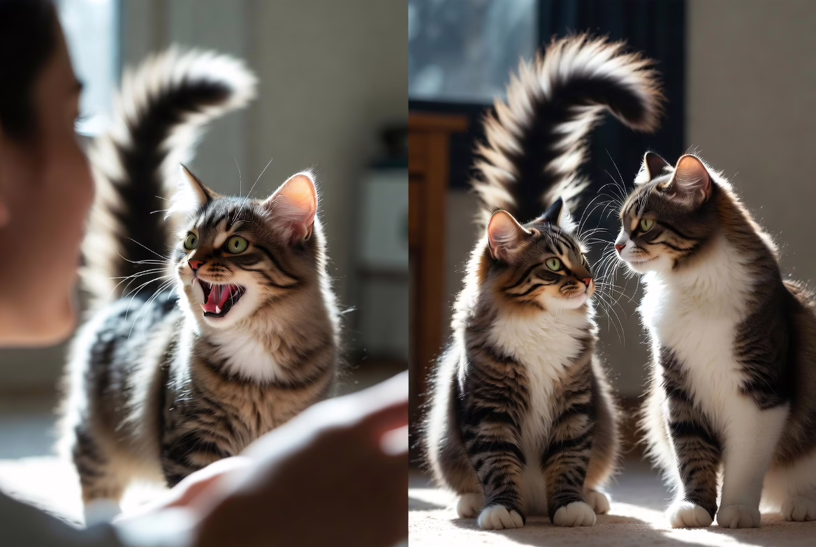 Split image showing a cat meowing to a person and two cats communicating through body language.